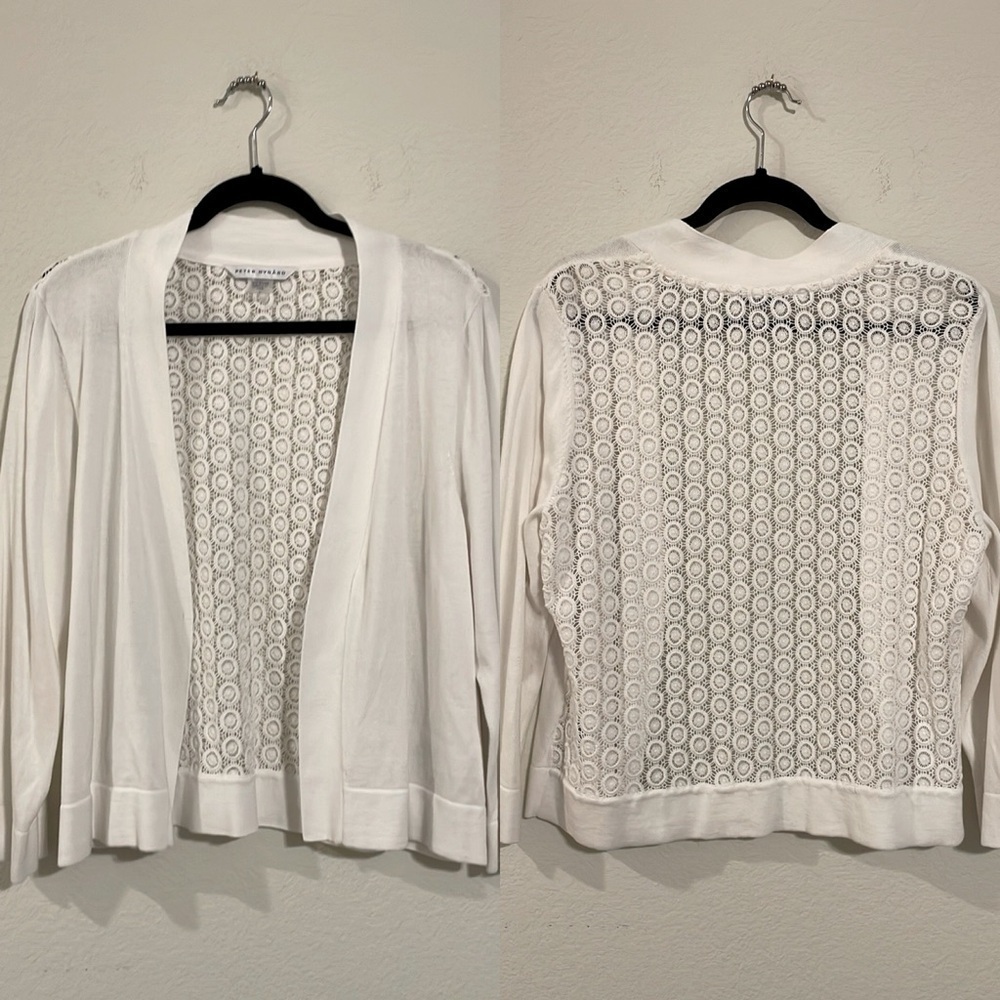 Peter Nyguard Women Cardigan Large White Mesh Lace Crochet Coastal Grandma